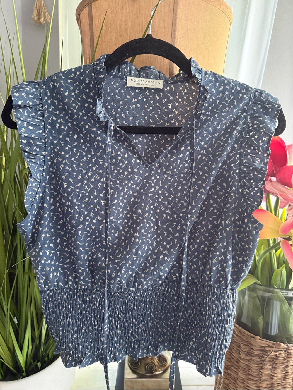 Paper Crane Navy Blue Floral Tie-Neck Smocked Top